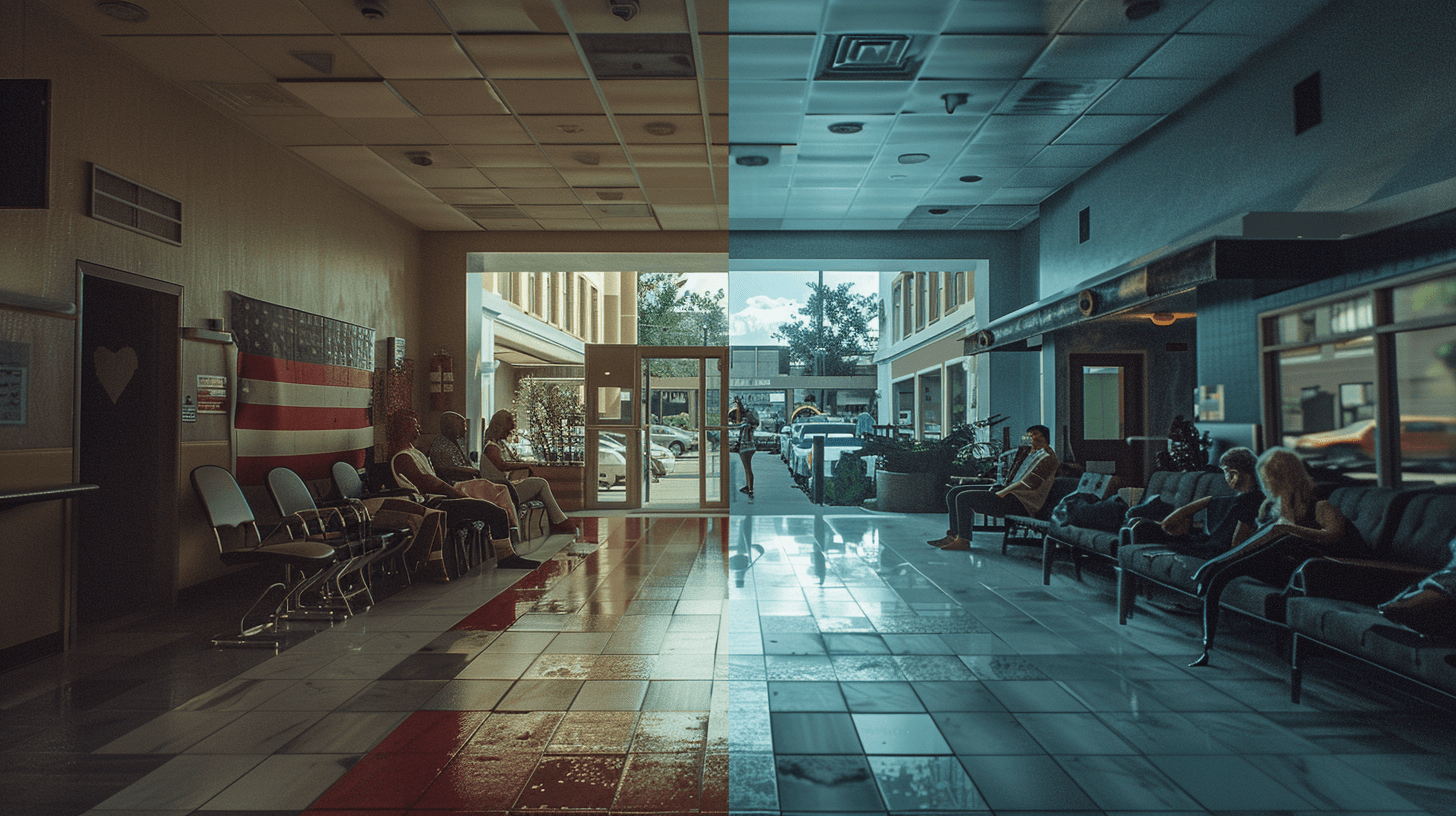 A divided healthcare waiting room symbolizing healthcare access disparities